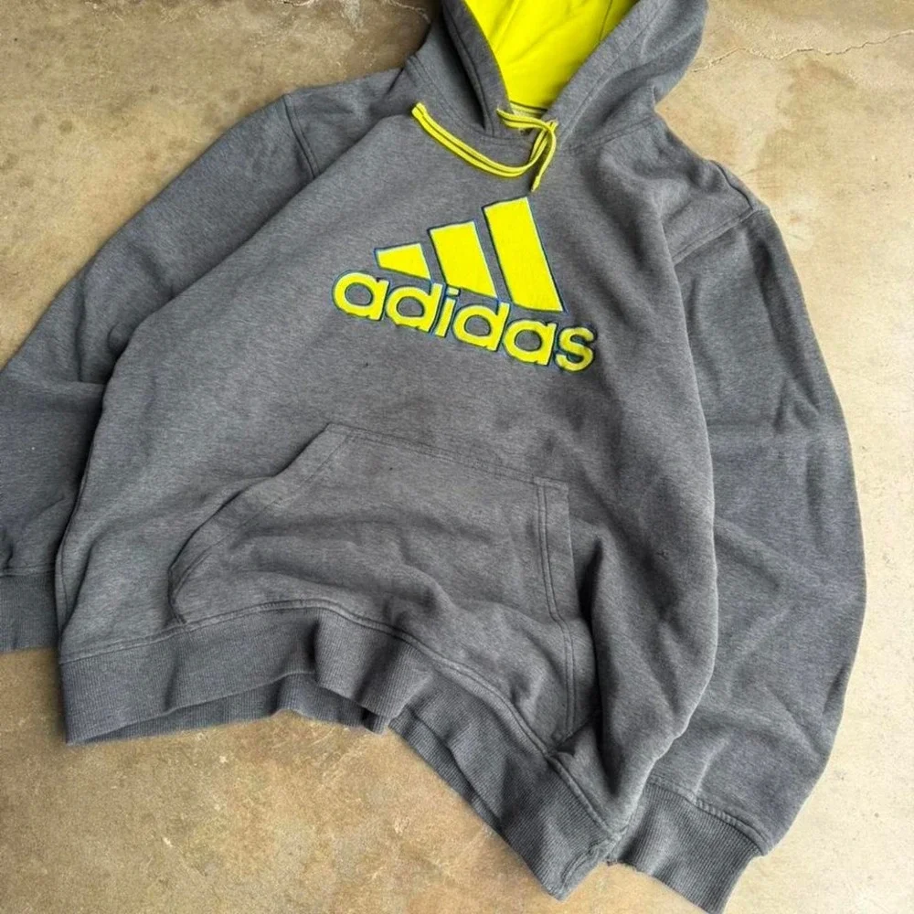 Vintage y2k grey and neon yellow adidas big logo hoodie essential